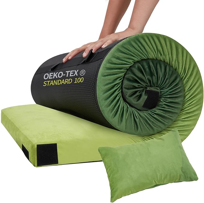 Memory Foam Camping Pad, Camping Sleeping Pad, Camping Mattress Pad with Pillow & Travel Bag, Portable Floor Mat Roll Up for Guest Adults Side Sleepers Indoor Outdoor Travel