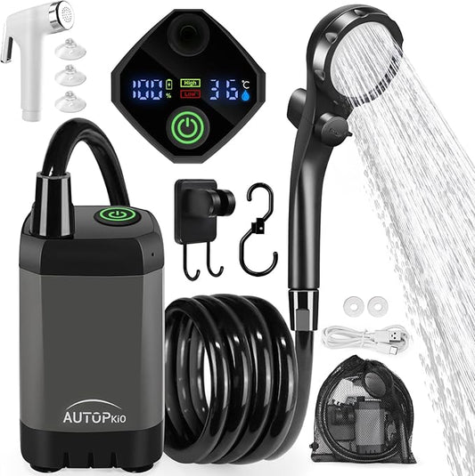 AUTOPkio Portable Camping Shower, 6000mAh Rechargeable Camp Shower Pump with USB Cable & Electric Outdoor Shower Head Sprayer for Camping, Hiking, Pet Bathing, Washing