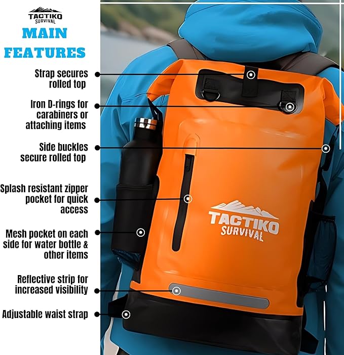 TACTIKO 30L Heavy-Duty 100% Waterproof Backpack, Roll Top Dry Bags for Kayaking, Hiking, Camping, Survival
