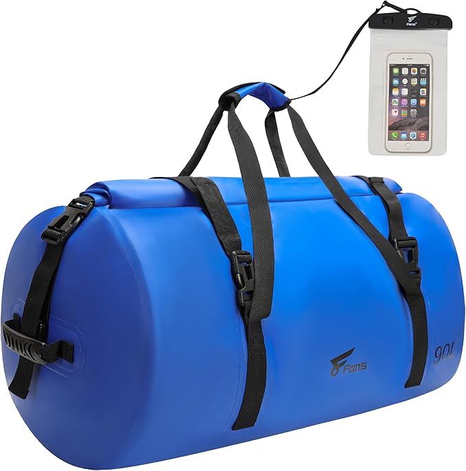 8 Fans Extra Large Waterproof Duffle Bag,Heavy Duty Travel Dry Bag with Durable Straps & Handles, Ideal for Kayaking,Paddleboarding,Boating,Rafting,and Fishing (Blue, 90L)