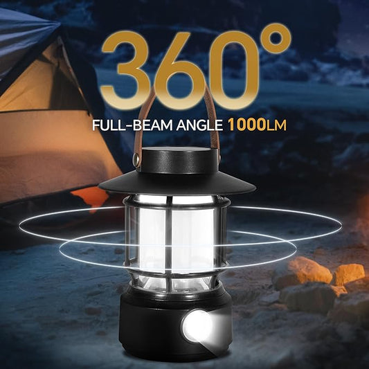 LED Camping Lantern, Solar Rechargeable Lantern Camping Lights with Side Lights, 1000LM Retro Style Portable Flashlight, IPX5 Waterproof Lanterns for Power Outages, Emergency, Hurricane, Hiking