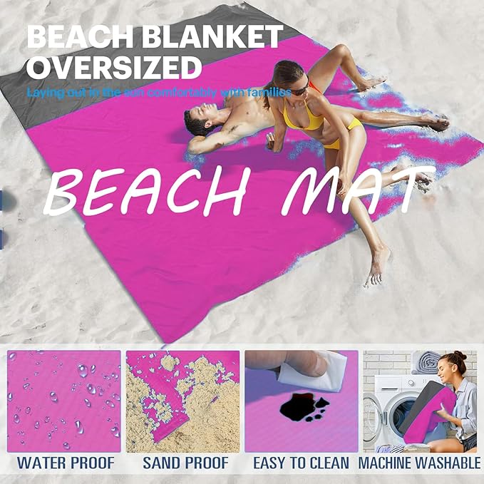 Beach Blanket Sandproof Waterproof, Beach Essentials Extra Large Beach Mat, 79" X 55" Oversized Durable Outdoor Picnic Mat Storage Bag for 1-4 Adults, Beach Accessories for Travel, Camping, Hiking