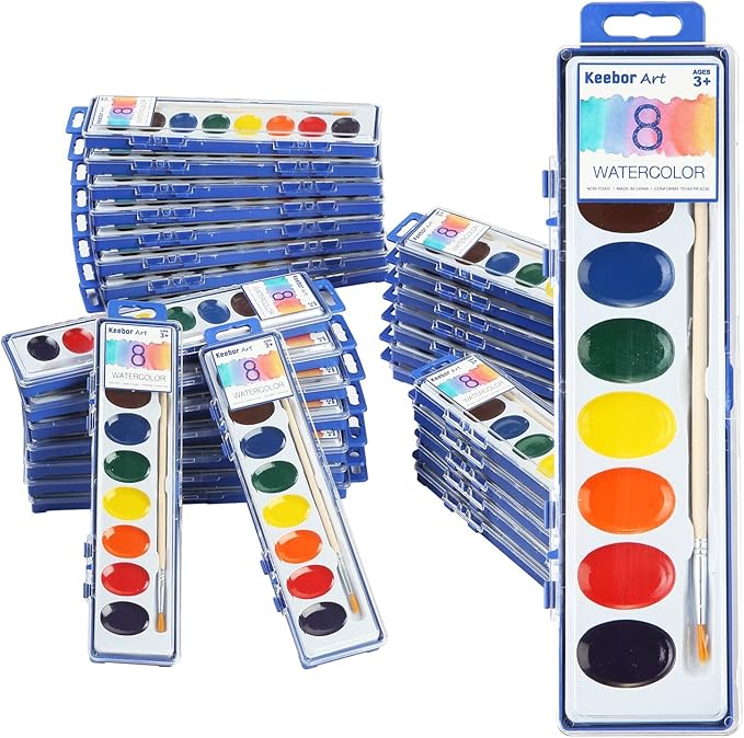 8-Color Watercolor Paint Set for Kids, 36 Pack Washable Watercolors for Party Favors, Gifts, Classroom Supplies (Wood Brushes Included)