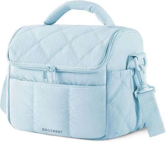 BAGSMART Insulated Lunch Bags for Women, Cute Quilted Lunch Box, Lightweight Puffy Padded Waterproof Lunch Tote, Reusable Lunch Cooler for Work Picnic Travel, Light Blue