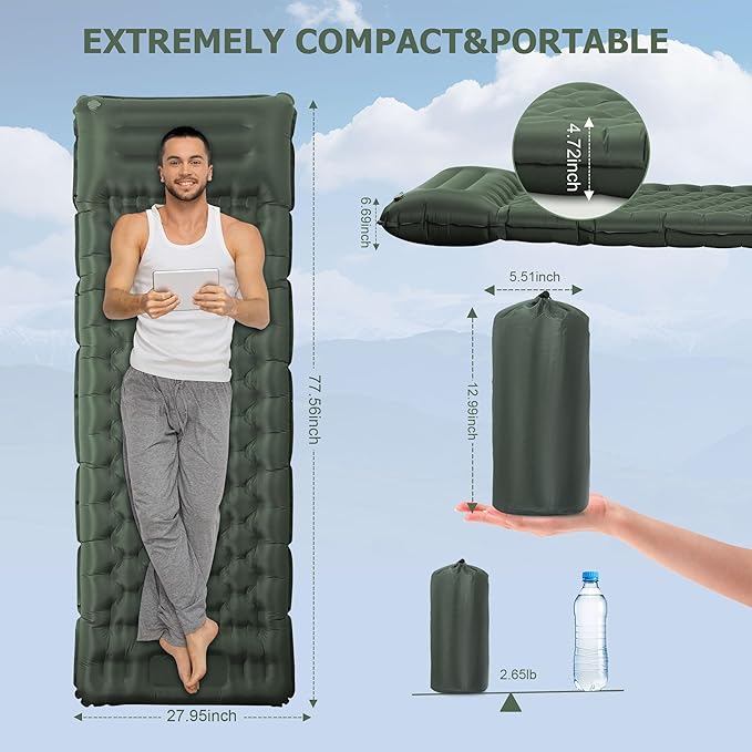 Sleeping Pad for Camping, Ultralight 4.7" Extra-Thick Inflatable Camping Mat with Pillow Built-in Foot Pump, Compact Lightweight Air Mattress for Backpacking Hiking Car travel Tent, Military Green