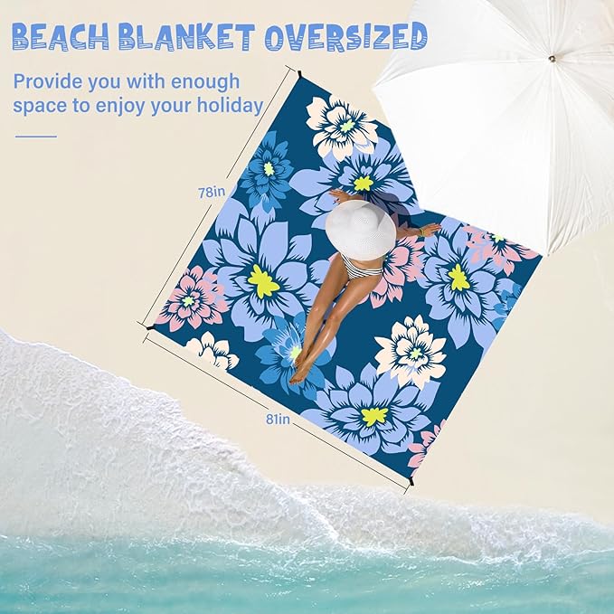 Beach Blanket Waterproof Sandproof 1-7 Adult Oversized 78 '' × 81 '' Lightweight Durable Compact Sand Free Beach Mat for Travel Camping Hiking Picnic Blanket Extra Large