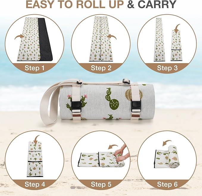 Picnic Blankets Washable | Beach Mat Sand Free Waterproof | Camping Blankets | Emergency Blankets | Picnic Baskets Accessories with Waterproof Backing and Shoulder Strap - Cactus