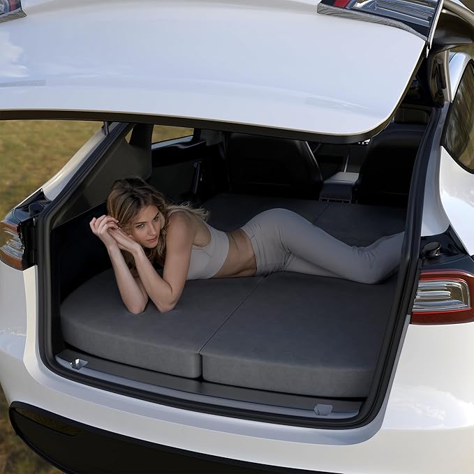 Ferlizer 4" Memory Foam Camping Mattress for Tesla Model 3, 74" x 43", Foldable Car Sleeping Pad with Plush Washable Cover, CertiPUR-US Certified, Grey
