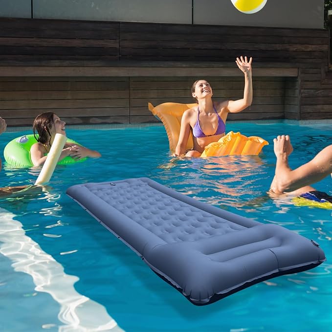 Camping Sleeping Pad, Inflatable Air Mat 5" Thick with Pillow, Built-in Foot Pump, Waterproof Layer for Pool Float, Beach, Hiking, Traveling, Tent (Blue Gray)