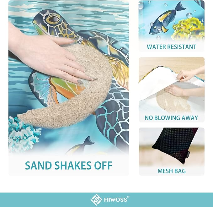Beach Blanket Waterproof Sandproof Oversized 95”x 80”,Sand Free Beach Mat with Corner Pockets,Portable Mesh Bag for Beach Festival,Picnic,Travel and Outdoor Camping (Turtle Plus)