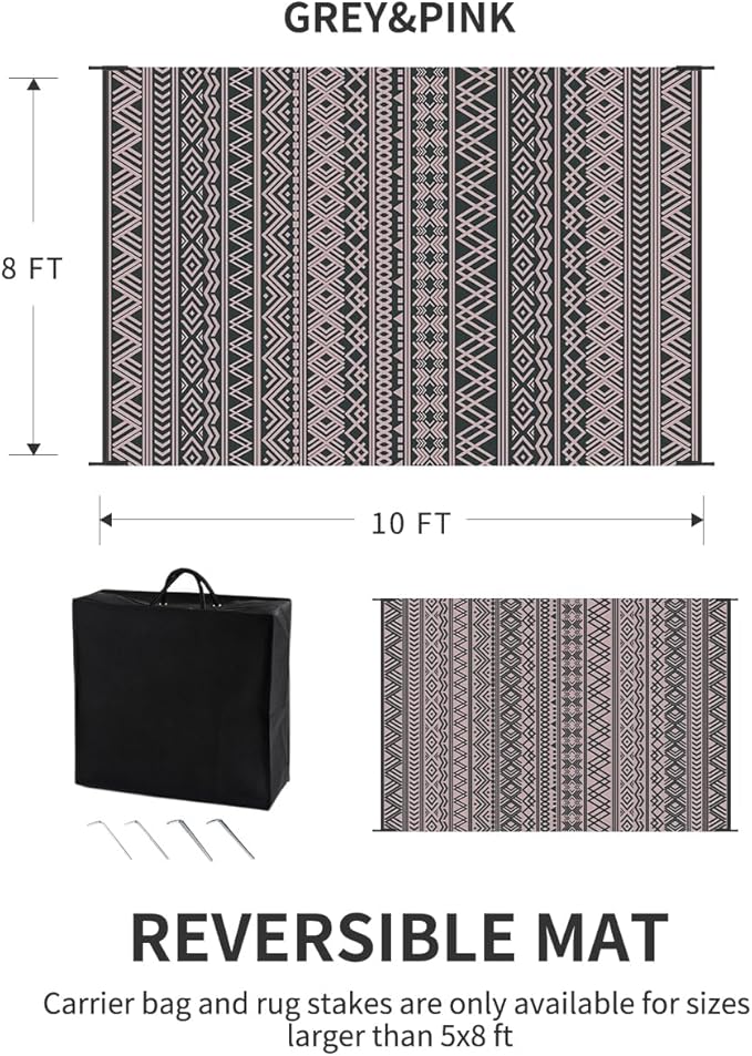 MontVoo Outdoor Rug 8x10 Waterproof Outdoor Patio Rug Mat Reverisble Plastic Straw Outdoor Rug for RV Camping Picnic Beach Balcony Boho Pink Grey