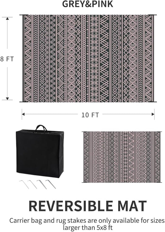 MontVoo Outdoor Rug 8x10 Waterproof Outdoor Patio Rug Mat Reverisble Plastic Straw Outdoor Rug for RV Camping Picnic Beach Balcony Boho Pink Grey