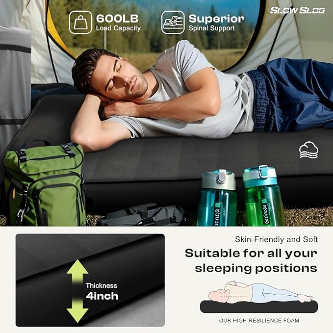 Self-Inflating Sleeping Pad with Portable Electric Pump 4in Thick Memory Foam Camping Mattress for Tent Cot & Car Travel, Fast Inflate & Deflate Camping Pad, Black