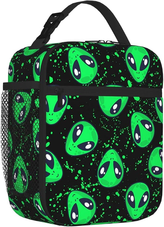 Green Alien Fun Insulated Lunch Bag Reusable Cooler Lunch Box Portable Leakproof Thermal Container Tote Bags for Girls Boys School Travel
