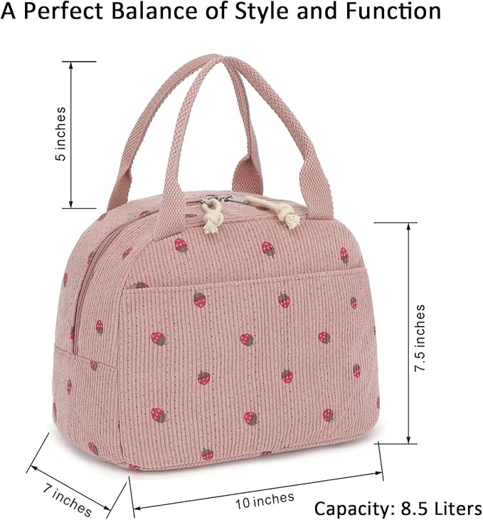 Corduroy Insulated Lunch Bag, Pink with Strawberry Pattern, Thermal Cooler Tote, Portable Large Capacity for Work or Picnic, 8.5L