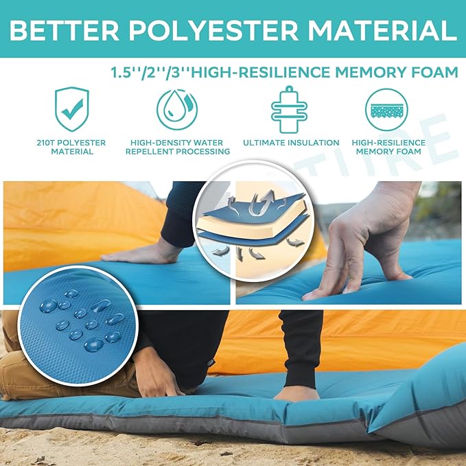 Clostnature Self Inflating Sleeping Pad for Camping - 1.5/2/3 inch Camping Pad, Lightweight Inflatable Sleeping Mat for Backpacking, Compact Ultralight Foam Camping Air Mattress for Tent, Hammock