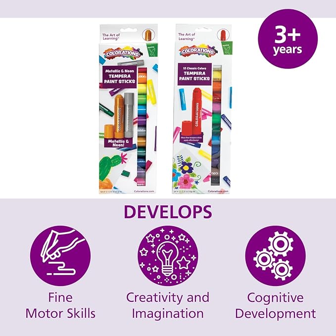 Tempera Paint Sticks, 24 Colors, Silky Smooth Color Application, Classic, Neon & Metallic Colors