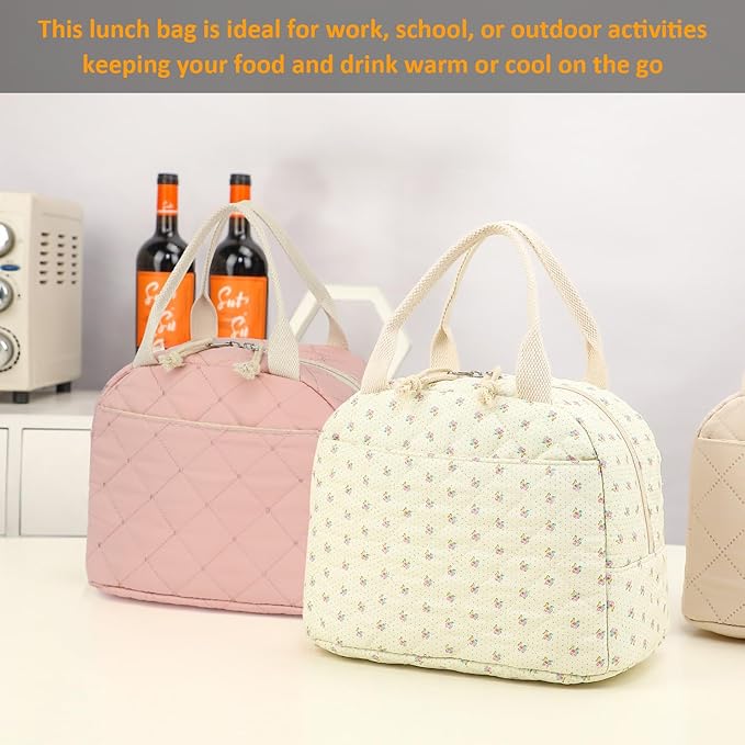 Insulated Lunch Bag, Quilted Beige Floral Design, Thermal Cooler Tote, Portable Large Capacity for Work, School, or Picnic, 8.5L