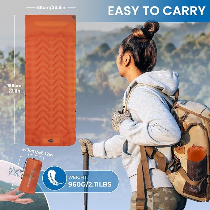 KingCamp Sleeping Pad for Camping, Inflatable Sleeping Pad Ultralight Connectable Camping Mattress with Pillow Built-in Foot Pump for Backpacking Hiking Tent Cot
