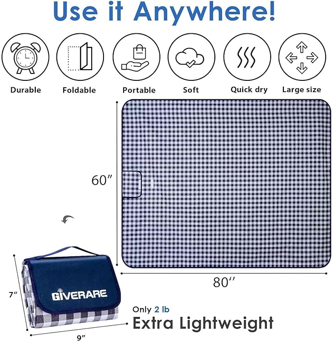 Picnic Beach Blanket Extra Large, XL Sandproof Waterproof Outdoor Camping Blankets 80x60in, Sand Free Oversized Mat, Quick Drying Portable Mats for Travel, Hiking, Music Festival, Lawn-Dark Blue