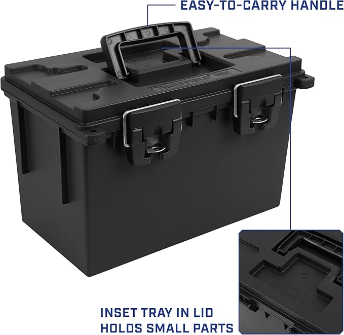 Sheffield 12764 4-Pack XL Ammo Storage Box, Stackable .50 Cal Field Boxes, Water and Dust Resistant, Lockable Storage Box with Handle, Heavy Duty Protection for Hunting Gear, Made in the USA, Black