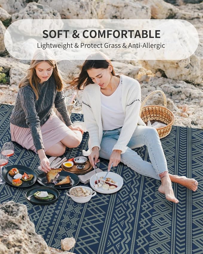 MontVoo Outdoor Rug Carpet Waterproof 5x8 Outdoor Patio Rug Mat Reverisble Plastic Straw Outdoor Rug for RV Camping Picnic Beach Balcony Boho Blue Green