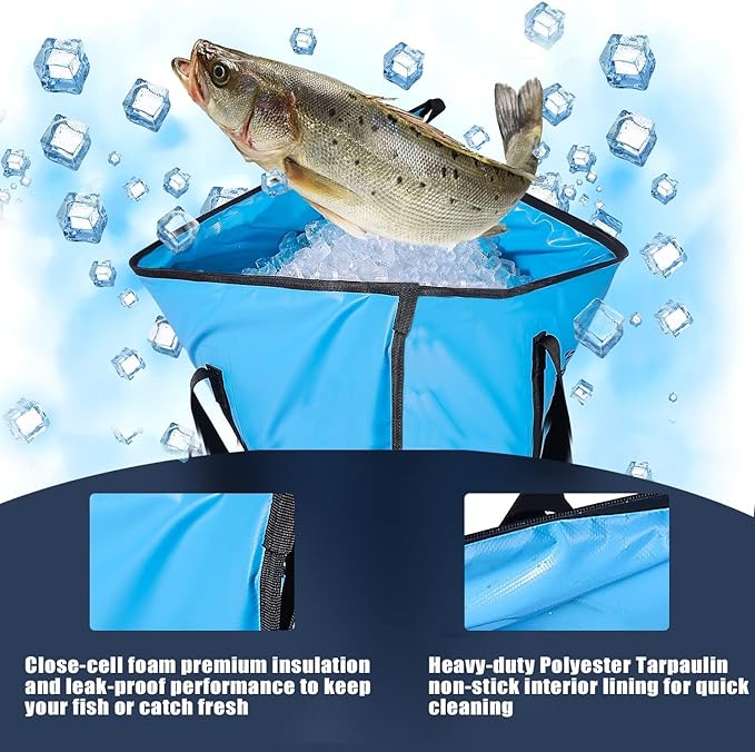 Buffalo Gear Insulated Fish Cooler - Leakproof Kill Bag with 2 Reusable Cooler Ice Packs - Portable Waterproof Zipper