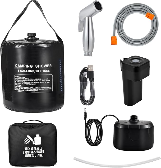 Portable camping shower,5 gallon/20 liter black PVC water bag,electric air pump,outdoor camping shower, solar water heater shower,built-in thermometer,beach,camping,hiking,outdoor shower ideal choice