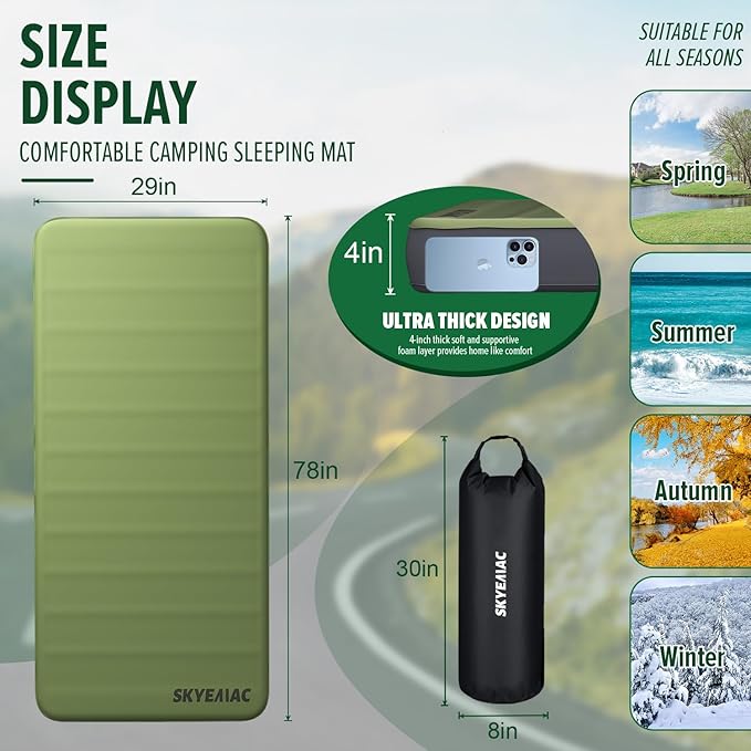SKYEMAC Self-Inflating Memory Foam Sleeping Pad - Single Pad, Built-in Pump, R-Value 13, 78''x29''x4'', Fast Inflation & Deflation, 4-Season Camping Mattress for Outdoor Adventures