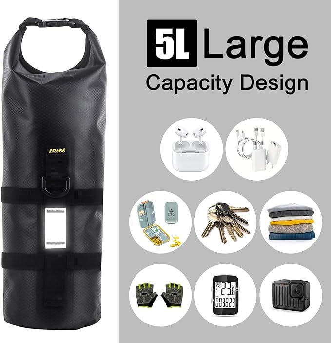 ENLEE 2pcs Bike Fork Bag with Multipurpose Cage-Waterproof Dry Bike Bags for Bicycles 5L Lightweight Portable Roll Top Design Bike Packing Fork Bags for MTB, Road, Gravel, Folding Bikes Touring