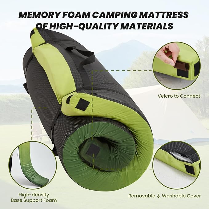 Memory Foam Camping Pad, Camping Sleeping Pad, Camping Mattress Pad with Pillow & Travel Bag, Portable Floor Mat Roll Up for Guest Adults Side Sleepers Indoor Outdoor Travel