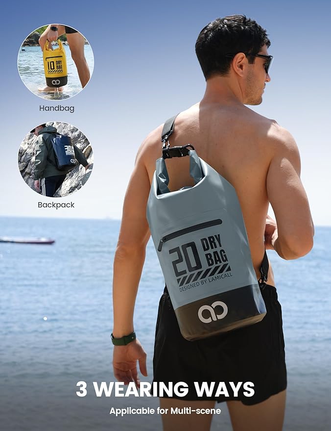 Lamicall Dry Bag Waterproof Backpack - [Zippered Pocket] 10L/20L Roll Top Waterproof Bag with Water proof Phone Case, Floatable Drybag for Swimming, Boating, Kayaking, Camping, Beach