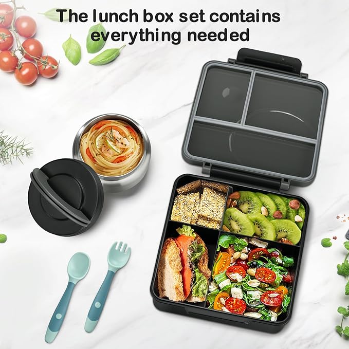 Bento Lunch Box Set for Kids with 8oz Soup Thermo, Leak-Proof Lunch Containers with 4 Compartment, Kids Thermo Hot Food Jar and Insulated Lunch Bag for Kid to School-Black