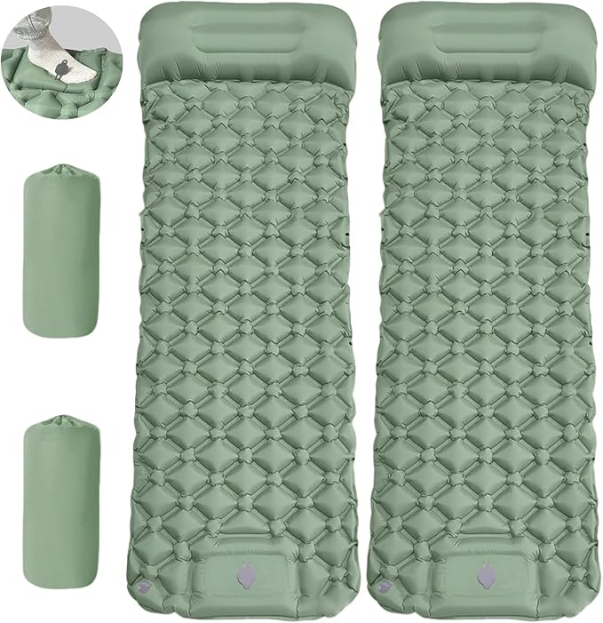 MEI&CO Lightweight Convertible Double Inflatable Camping Pad – 2-in-1 Single Pads Built-in Pillow – Quick Inflate Foot Pump, 660lb Capacity – Perfect for Couples & Family Adventures (2, Green)