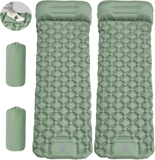 MEI&CO Lightweight Convertible Double Inflatable Camping Pad – 2-in-1 Single Pads Built-in Pillow – Quick Inflate Foot Pump, 660lb Capacity – Perfect for Couples & Family Adventures (2, Green)