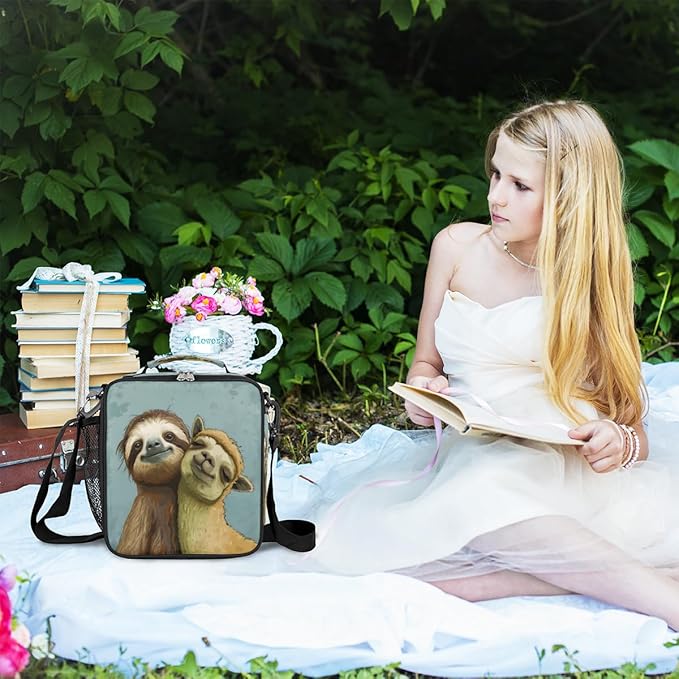 cfpolar Cute Llama and Sloth Lunch Box for Boys Girls, Insulated Lunch Bags for Kids Reusable Mini Cooler Lunch Tote Lunchbox Thermal Meal Tote Kit with Shoulder Strap for Work School Picnic