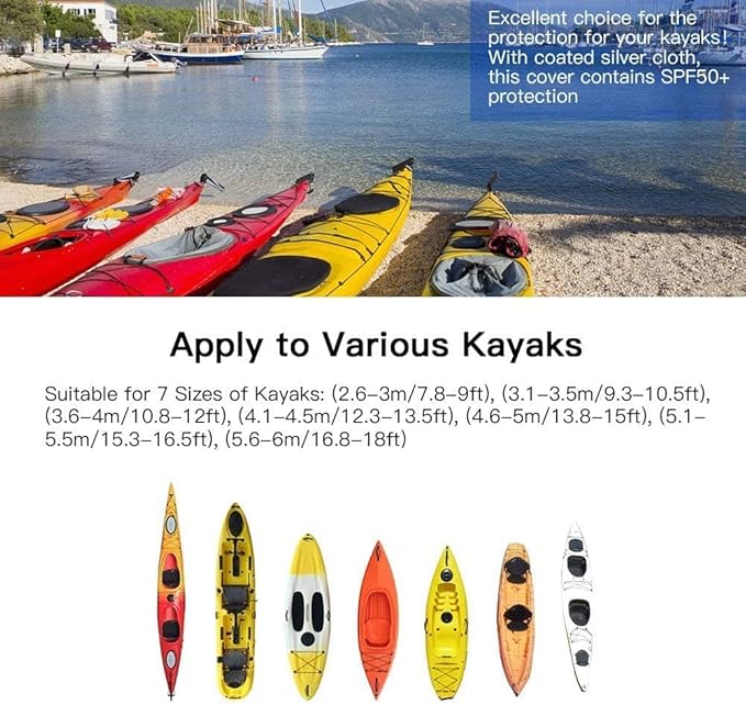 7.8-18ft Waterproof Kayak Canoe Cover-Storage Dust Cover UV Protection Sunblock Shield for Fishing Boat/Kayak/Canoe 7 Sizes [Choose Color] (Black(Upgraded), Suitable for 12.3-13.5ft Kayak)