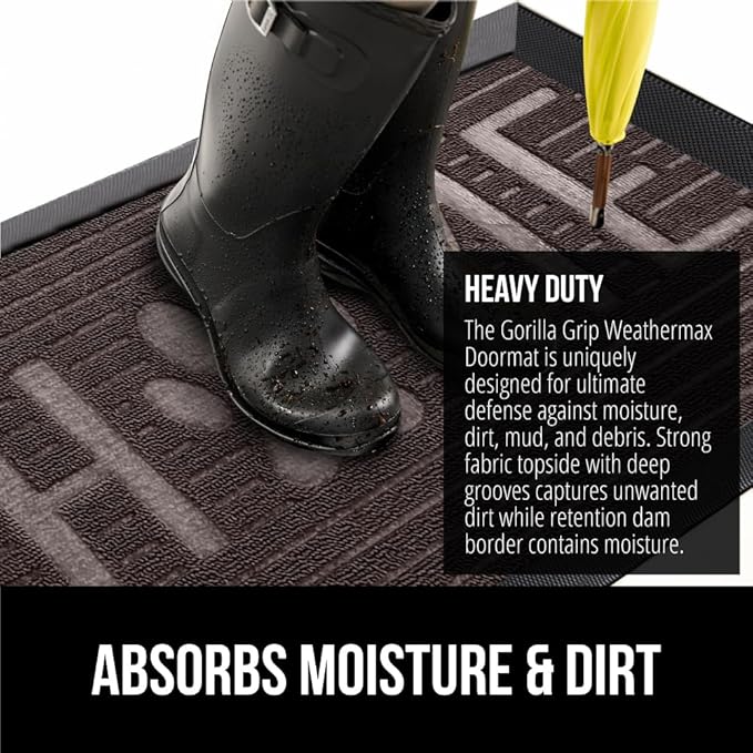GORILLA GRIP 100% Waterproof All-Season WeatherMax Doormat, Durable Natural Rubber, Stain and Fade Resistant, Low Profile, Indoor Outdoor Door Mats, Easy Clean Patio Entrance Mat, Espresso Home Paw
