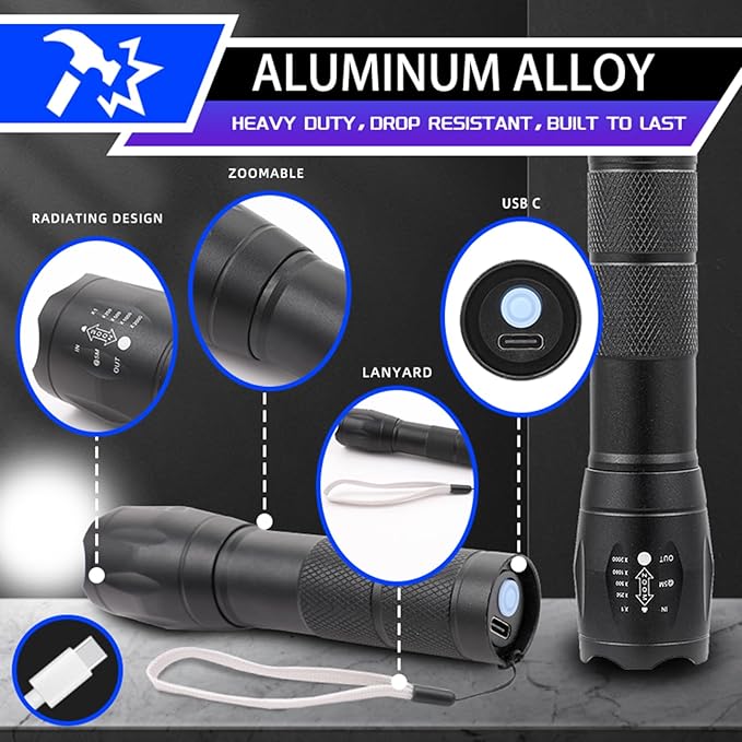 6 Pack LED Rechargeable Flashlight, Super Bright Small Mini Camping Flashlights Zoomable Beam, Convenient USB C Charging for Camping Hiking Outdoor Home Emergency