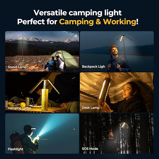 BougeRV Telescopic Camping Light, 15600mAh Collapsible Outdoor Light, Rotatable Electric Lantern, IP54 Waterproof Flashlight, Cordless Camping Tent Lamp for Emergency, Camping, Hiking, 2025 Version