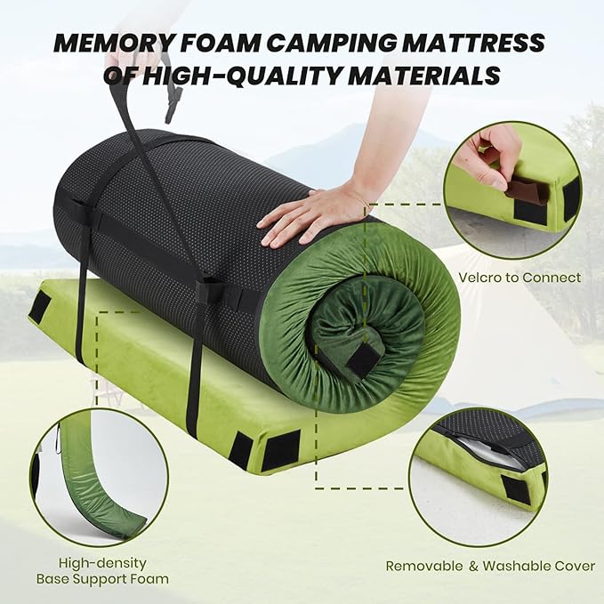 Memory Foam Camping Pad, Camping Sleeping Pad, Camping Mattress Pad with Pillow & Travel Bag, Portable Floor Mat Roll Up for Guest Adults Side Sleepers Indoor Outdoor Travel