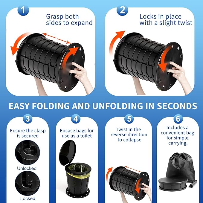 Portable Toilet Kit for Adults, Retractable Camping Toilet with Wearable Privacy Tent Outdoor Travel Toilet with Privacy Shelters Folding XL Potty with Adjustable Height for Hiking,Car,RV