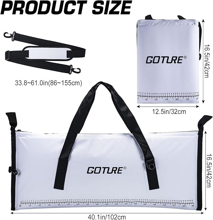 Goture Insulated Fish Cooler Bag, Leakproof Fish Kill Bag, Waterproof Fish Bag with Carry Handle and Strap, Portable Large Fishing Cooler Bag with Drain Plug, Keep Ice Cold All Day, 40inx16.5in