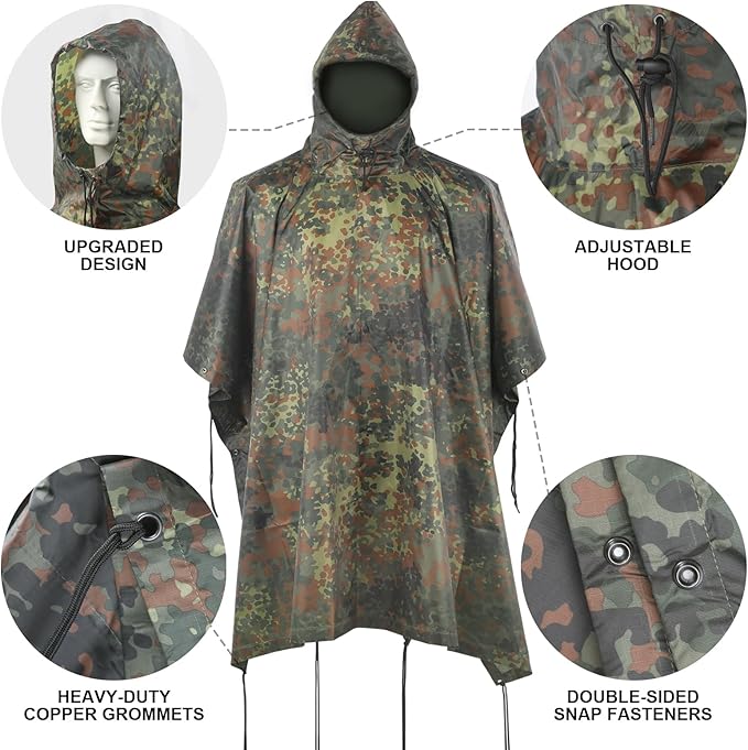 Camo Rain Poncho, Multi Use Waterproof Rain Coat