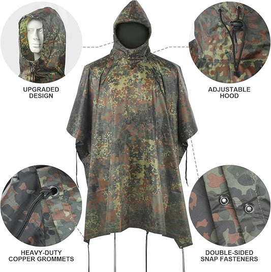 Camo Rain Poncho, Multi Use Waterproof Rain Coat