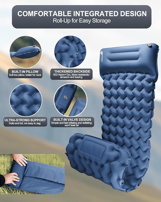 Inflatable Camping Sleeping Pad with Pillow & Foot Pump, 3"x79"x26" Single Camping Air Mattress, Compact Roll-Up, Quick-Dry & Durable Sleeping Mat for Backpacking, Hiking, Tent, Travel – Blue