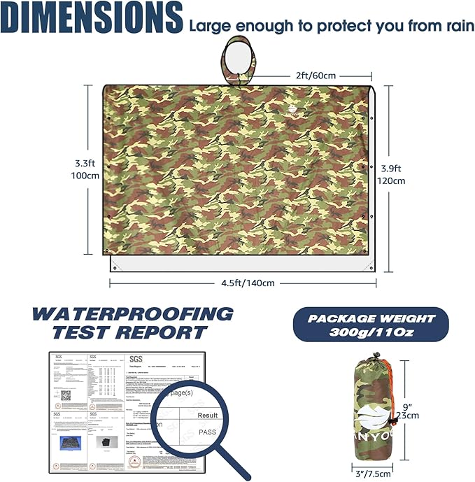 ANYOO Hooded Rain Poncho for Adults Waterproof Lightweight Rain Coat for Men Women Reusable Rain Jacket for Emergency Outdoor