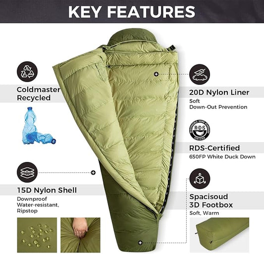 ATEPA Down Sleeping Bag for Adults, 650FP Recycled Mummy Cold Weather Ultralight 3 Season Waterproof Compact Packable Sleeping Bag with Stuff Sack & 15D Nylon Shell for Backpacking Camping Hiking
