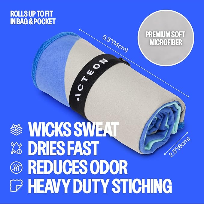 Acteon Microfiber Gym Towel & Wet Bag Travel Set, Large Quick Dry Silver ION Odor-Free Mega Absorbent Fiber, Fast Drying Men & Women Workout Gear for Body Sweat, Beach, Pool, Camping