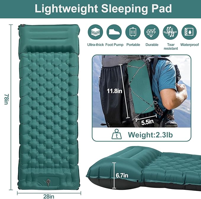 Camping Sleeping Pad, 50D Extra Thickness 4.7 Inch Inflatable Sleeping Mat Lightweight Waterproof Camping with Built-in Pump Air Mattress for Backpacking, Hiking, Tent, Traveling (Navy+Grey)